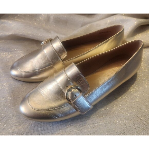 Talbots Women’s Napa Leather Ryan Buckle Flat Gold Metallic Loafers Size 8M - Picture 1 of 6